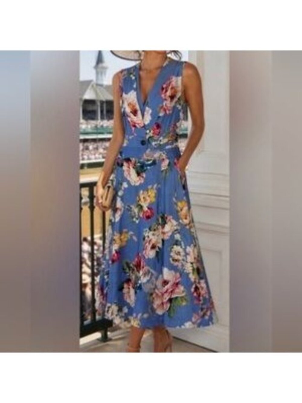 🆕ELIZA J Periwinkle Blue Floral Linen Blend Midi Dress 10